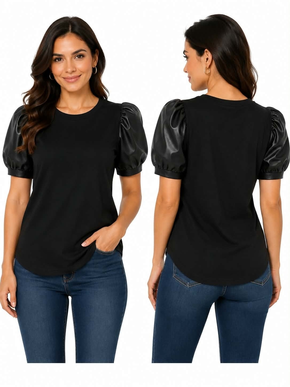 Anne Klein Black Puff Sleeve Top with Faux-Leather Sleeves